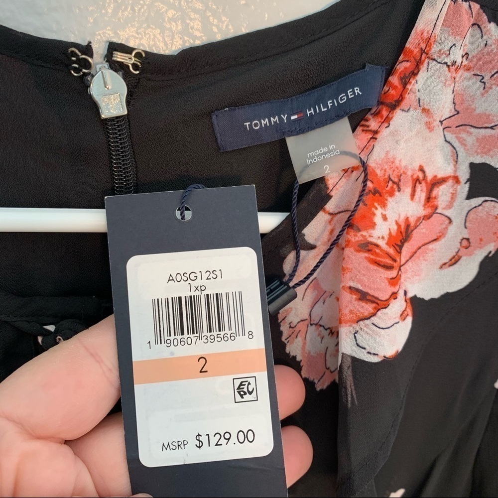 Tommy Hilfiger Women's Size 2 Floral Chiffon Dress Black Pink Floral Long Sleeve - Picture 10 of 13